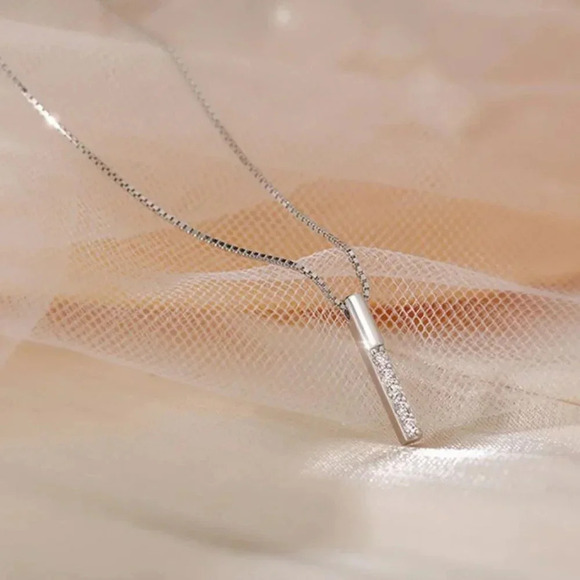 925 Sterling Silver Diamond Bar Strip Necklace - Picture 7 of 7